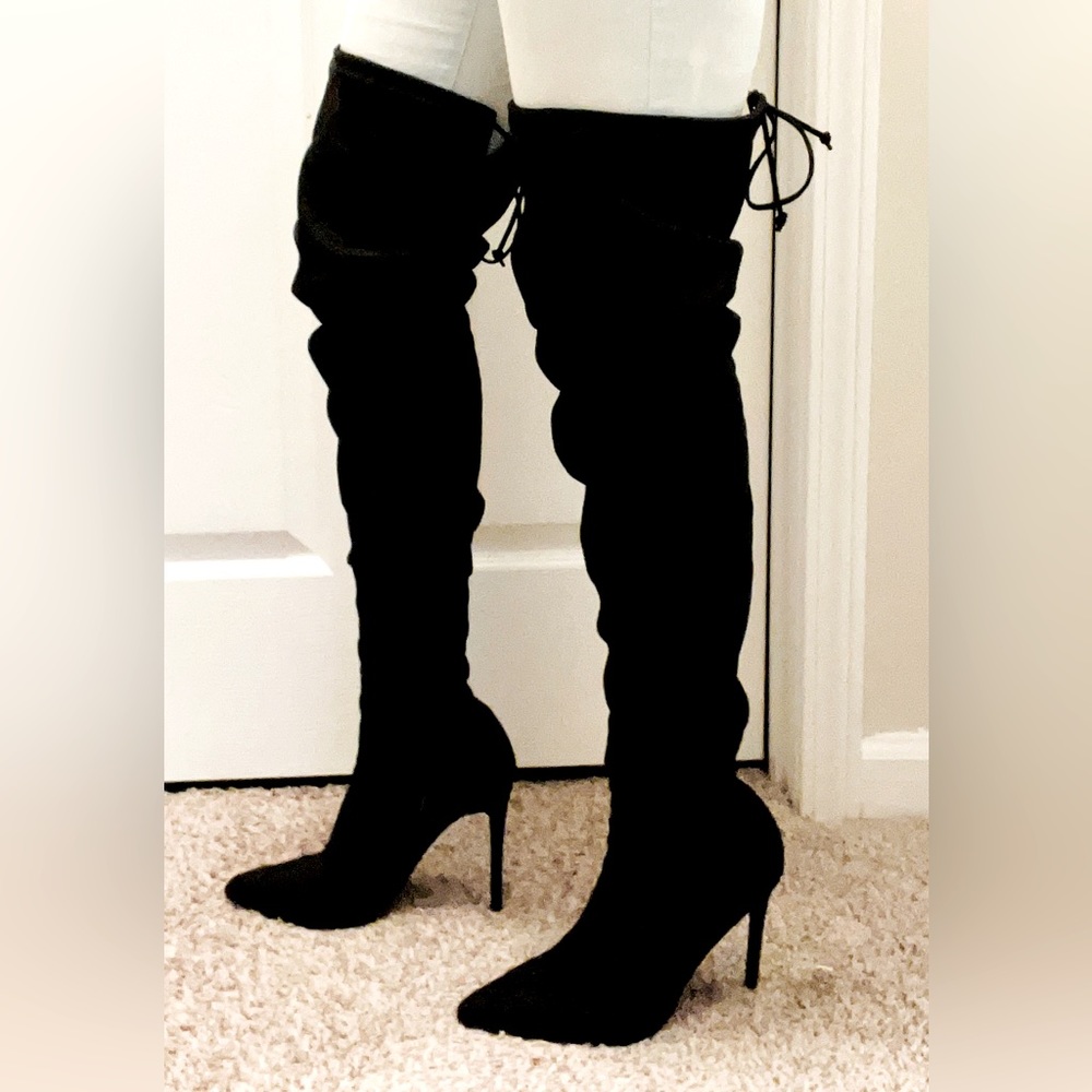 Black Suede Thigh High Boots, size 10. Brand New. Never Worn.